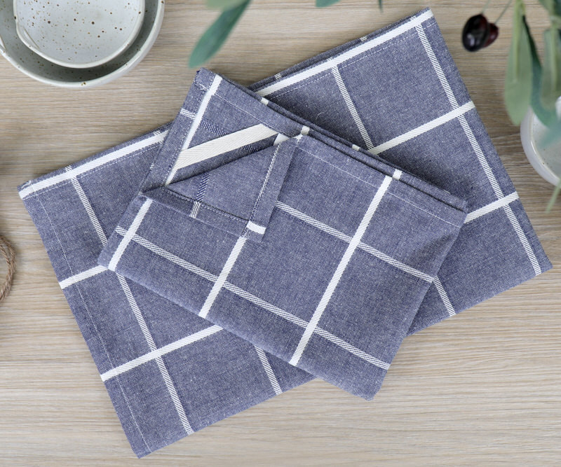 Set 2 Campbell Check Teatowels - Denim Blue