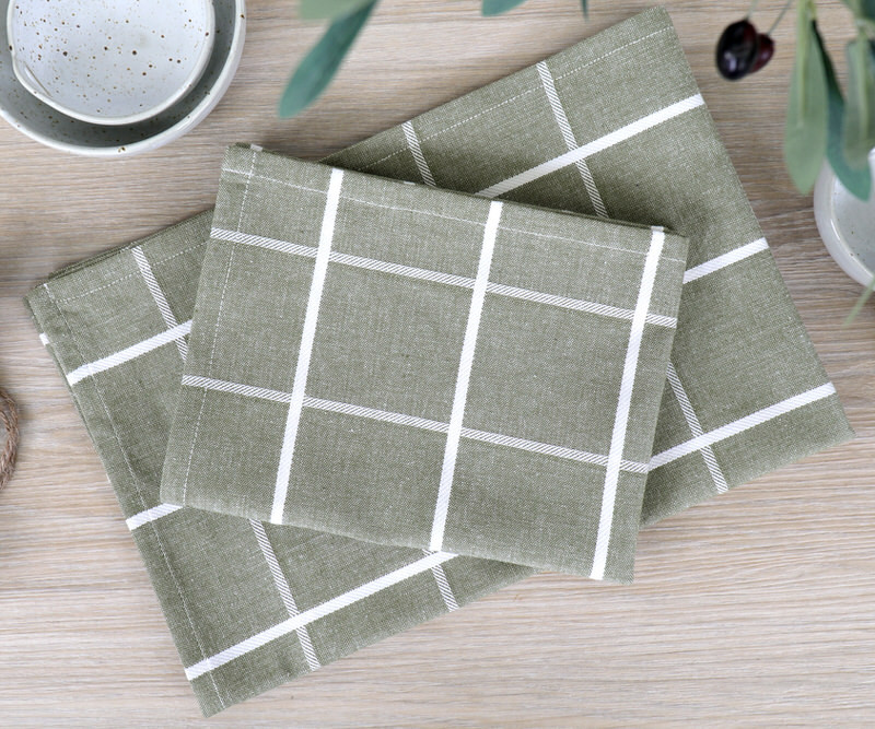 Set 2 Campbell Check Teatowels - Olive Green