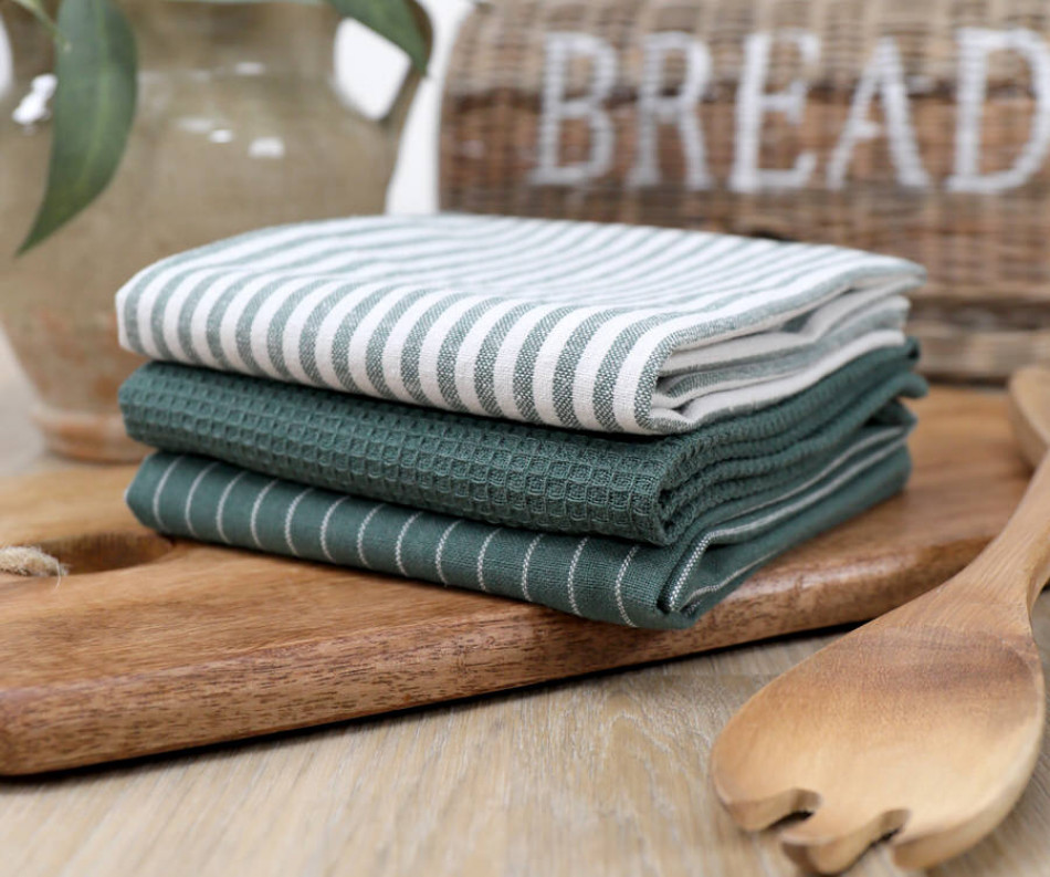 Set 3 Green Villa Stripe Tea Towels