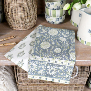 Set 2 Samara Denim Blue Floral Teatowels, highlighting the product's distinctive form and defining design