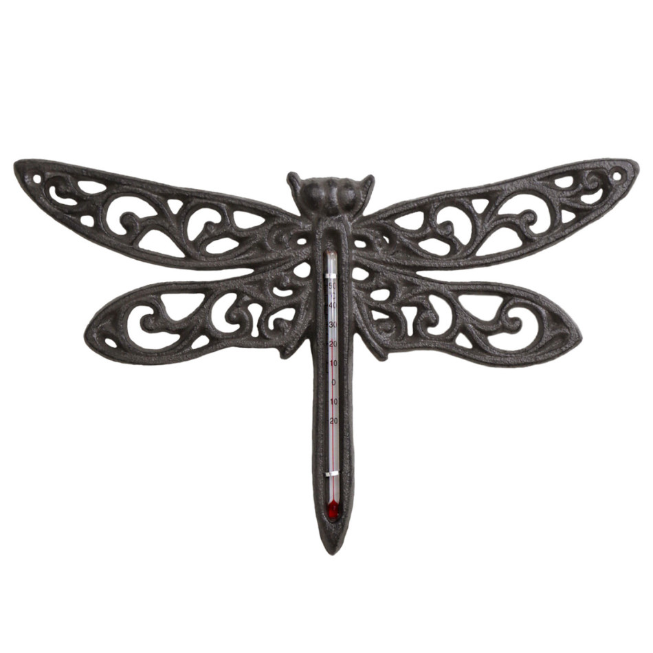 Front view of an ornate cast iron dragonfly thermometer on a white background