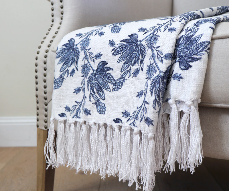 Madrigal Floral Blue & White Throw Blanket