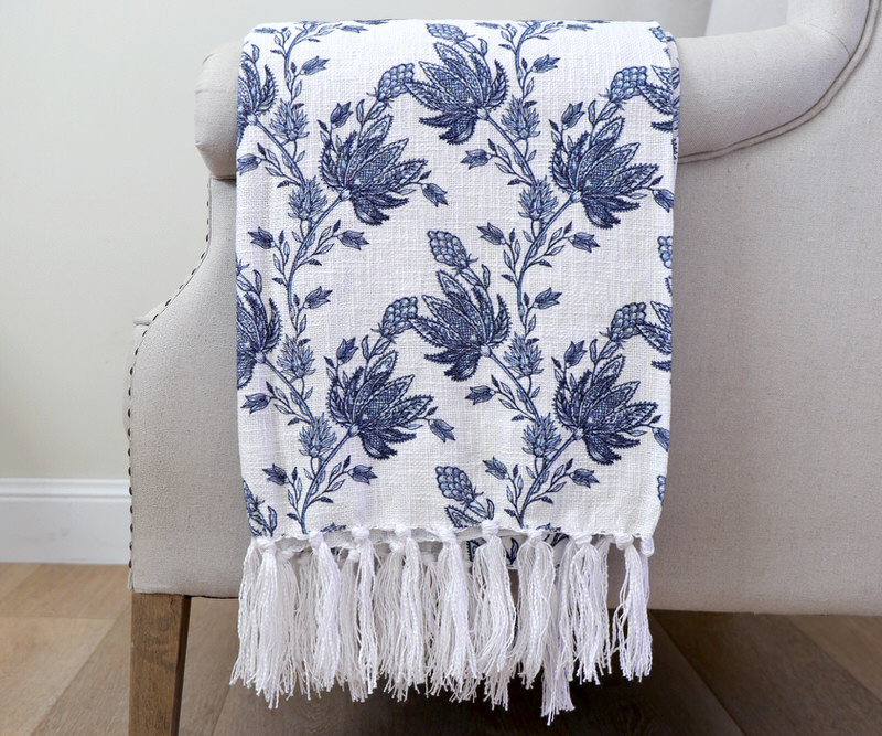 Madrigal Floral Blue & White Throw Blanket