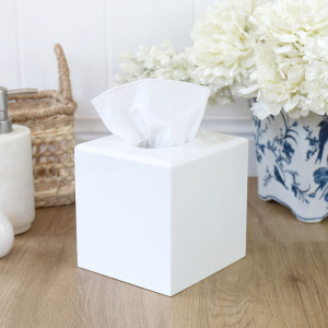 Square White Lacquer Tissue Box Cover, shown as a standalone product for clear identification