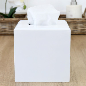 Square White Lacquer Tissue Box Cover, highlighting the product's distinctive form and defining design