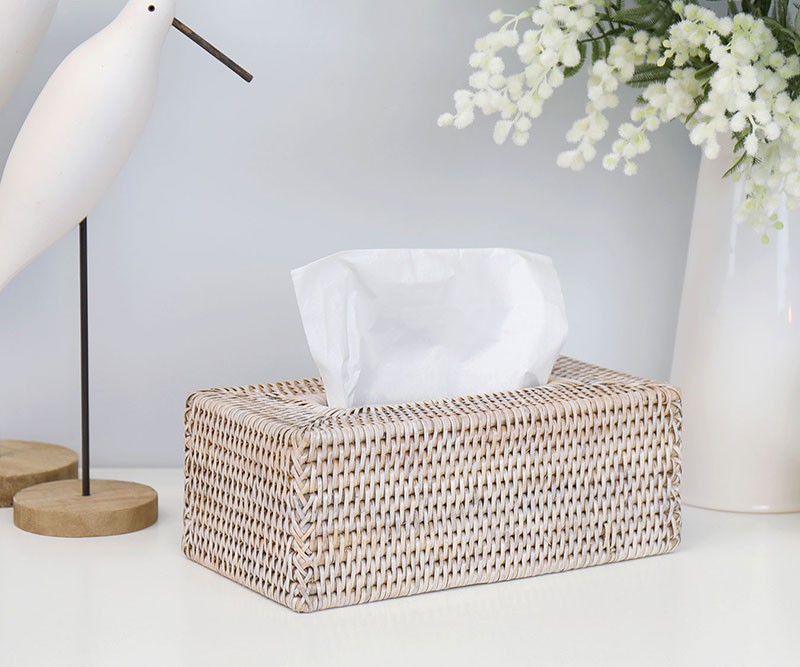 Whitewash Rattan Tissue Box Cover - Large