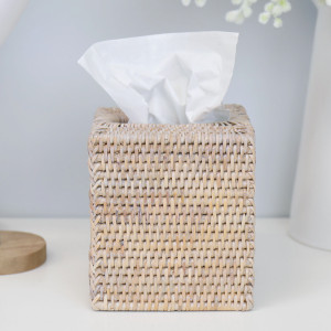 Square Rattan Tissue Box Cover - Whitewash, highlighting the product's distinctive form and defining design