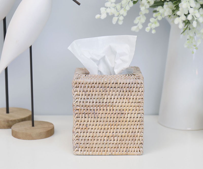 Square Rattan Tissue Box Cover - Whitewash