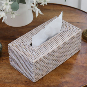 Whitewash Rattan Tissue Box Cover - Large, decorative lighting accessory