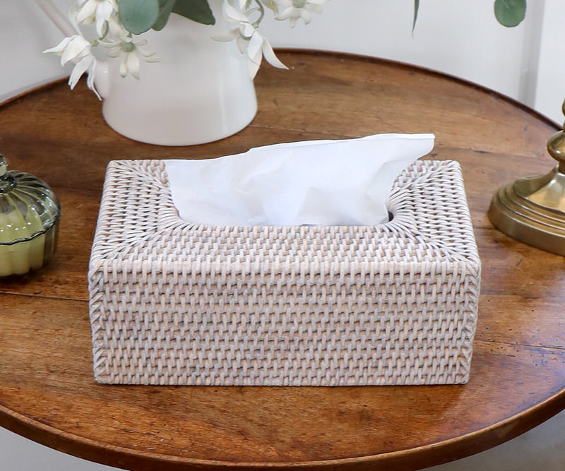 Whitewash Rattan Tissue Box Cover - Large