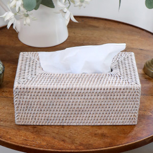 Whitewash Rattan Tissue Box Cover - Large, shown as a standalone product for clear identification