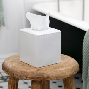 Louisa Beaded White Ceramic Tissue Box, highlighting the product's distinctive form and defining design