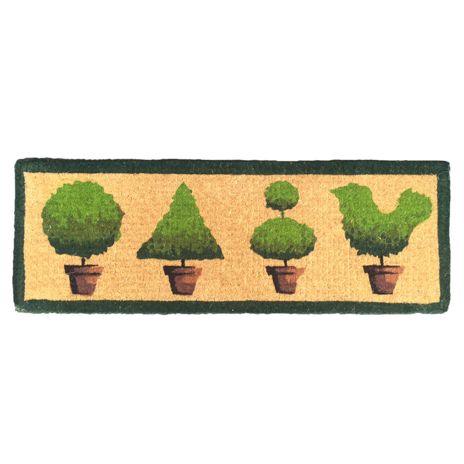 Long natural coir doormat printed with a row of potted topiary trees