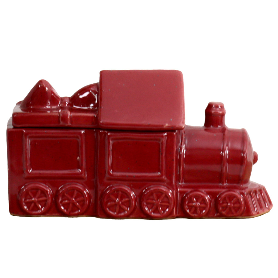 Reverse side of the Hollybrook red ceramic train trinket box on a white background.