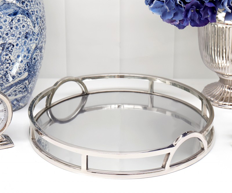 Madison Round Silver Mirror Tray - Arch Handles