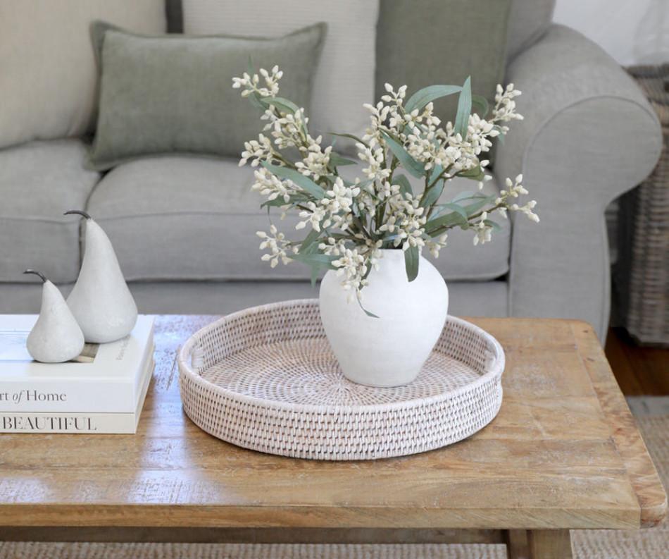 Avalon Round Rattan Tray - Whitewash