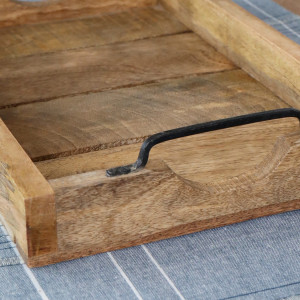 Hunter Wooden Slat Tray with Black Iron Handles - Small, designed for practical dining use with an ornamental presentation