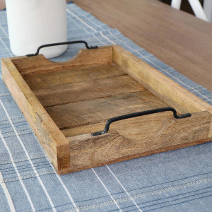 Hunter Wooden Slat Tray with Black Iron Handles - Small, a tabletop piece for serving or decorative display