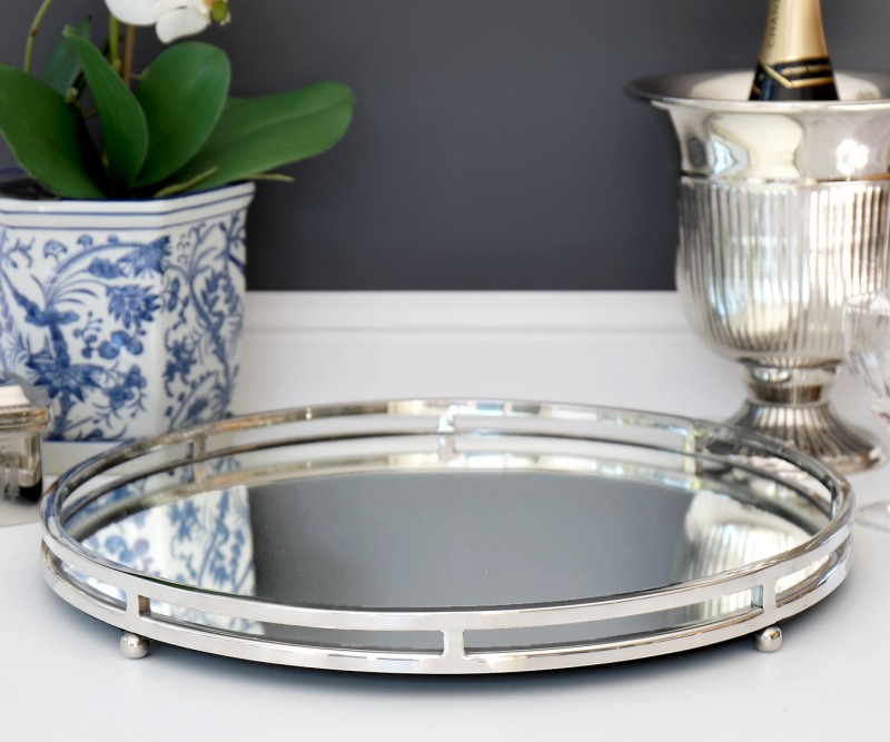 Delphine Silver Lace Mirror Tray Medium - Silver Mirrored Tray For Coffee Table Delphine Silver Lace Mirror Tray Medium - Silver Mirrored Tray For Coffee Table