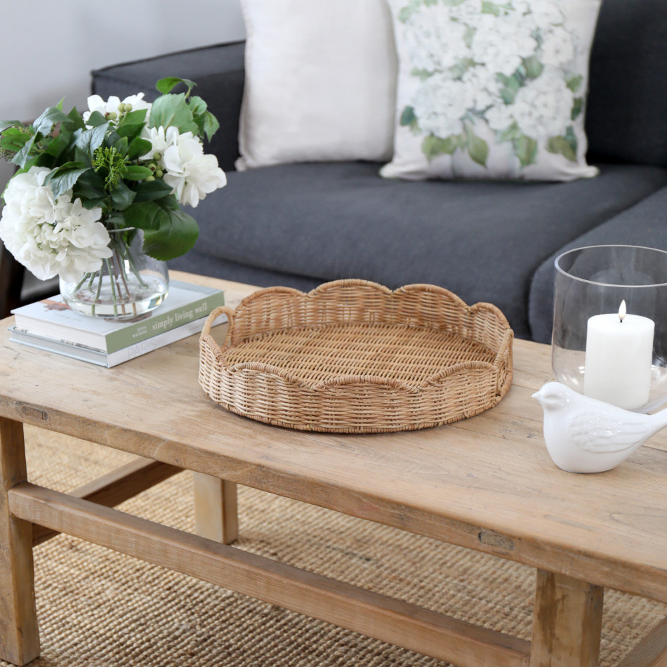 Large Swanley Scalloped Rattan Tray - Round, designed for practical dining use with an ornamental presentation