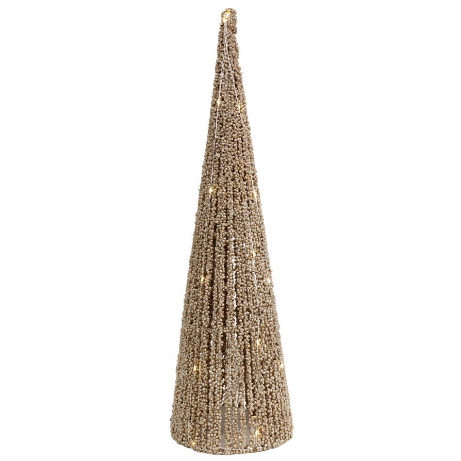 Large Golden Starlight Christmas tree with champagne-gold beads and glowing LED lights on a white background