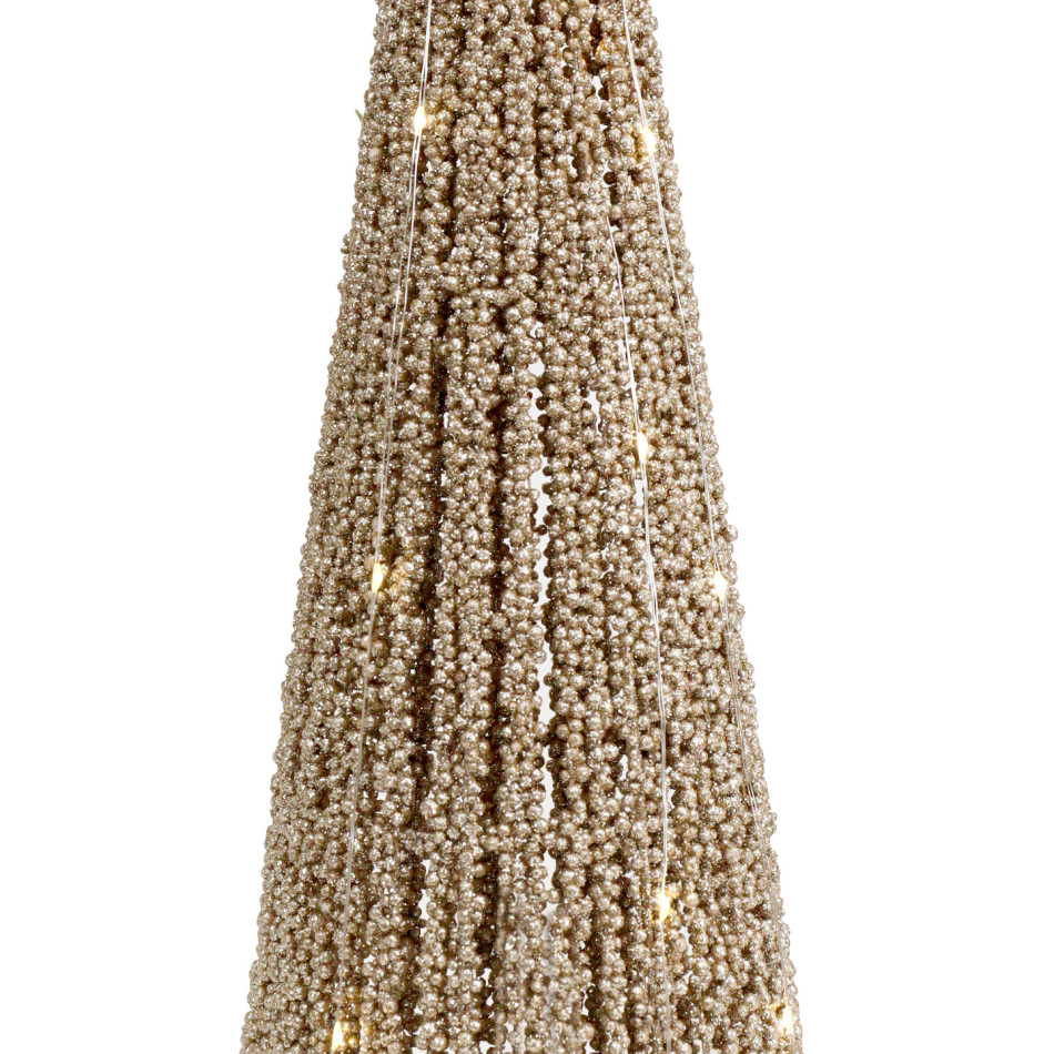 Close-up of gold bead strands and glowing LED lights on the coordinating larger Christmas tree