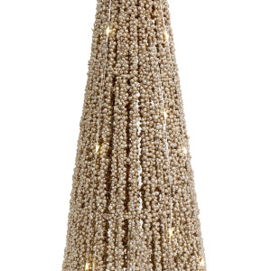 Close-up of gold bead strands and glowing LED lights on the coordinating larger Christmas tree