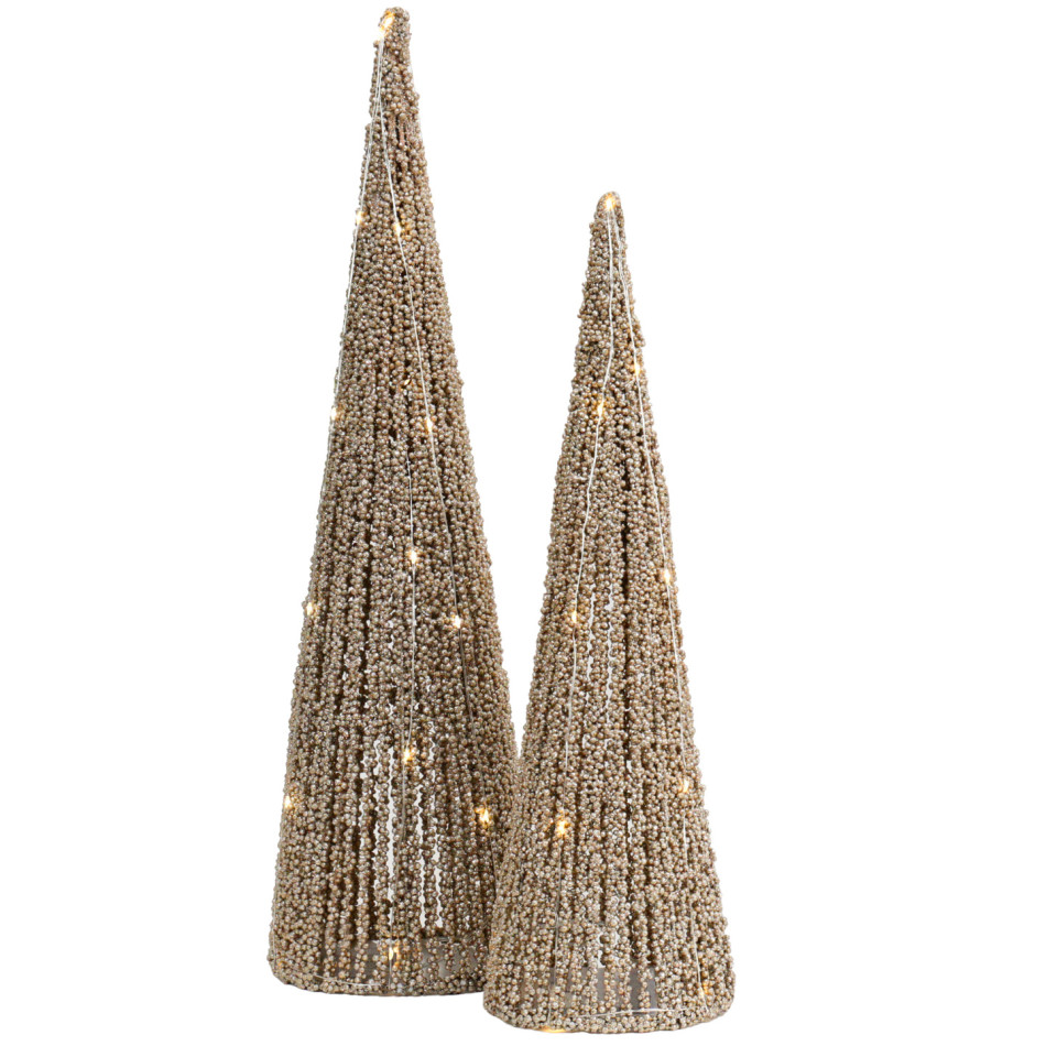 Small and large gold beaded Christmas trees with LED lights illuminated against a white background