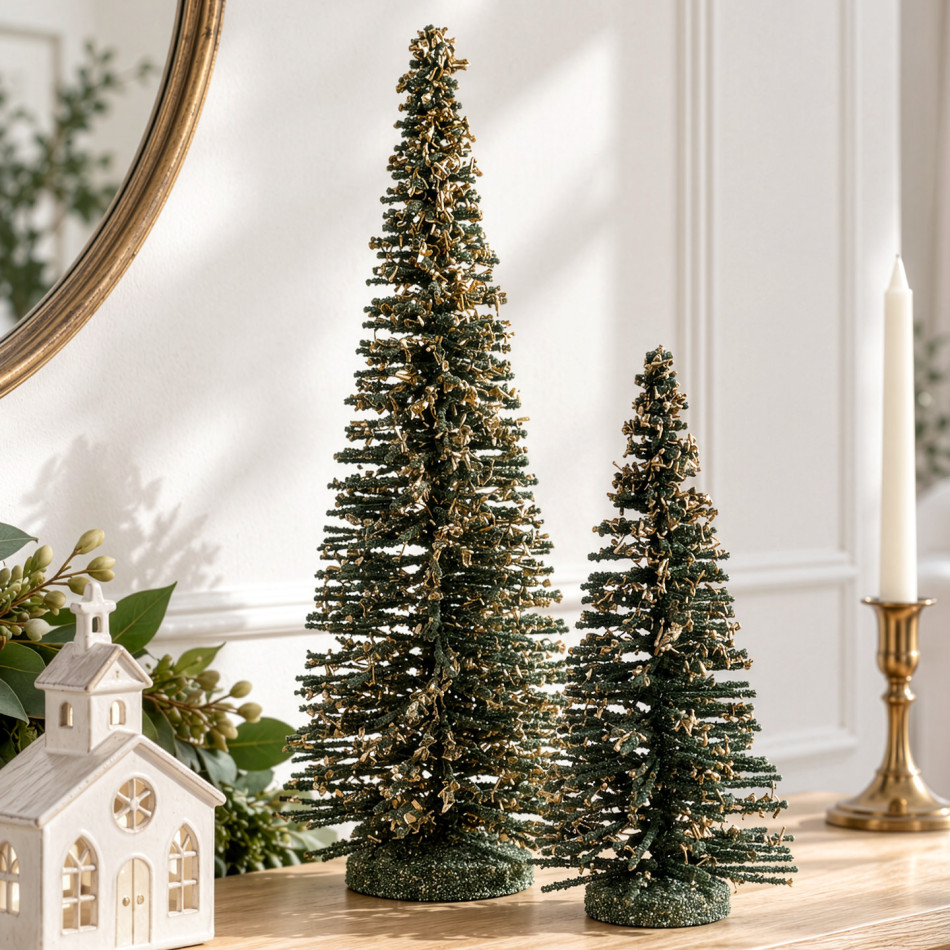 Large Winter Noel Christmas tree with gold dusting detail alongside the smaller version