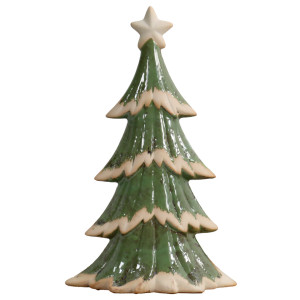 Large Forest Wishes ceramic Christmas tree with glossy green tiers, cream edges and a cream star on a white background.