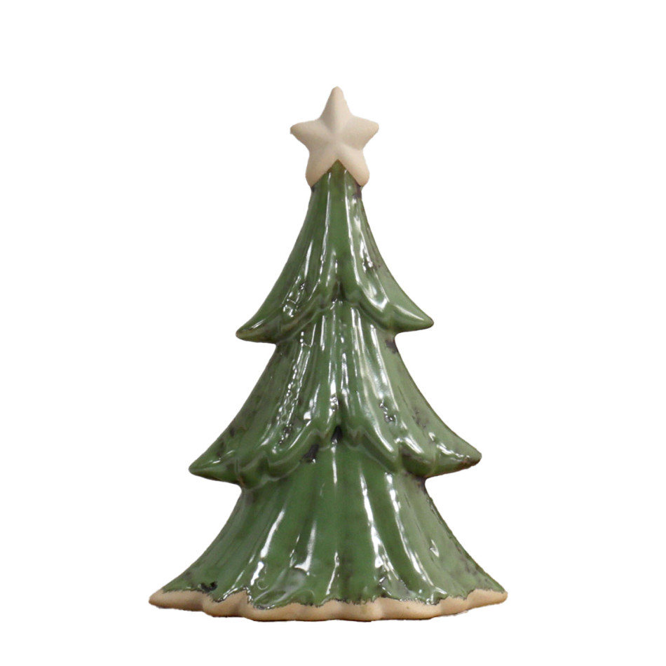 Small Forest Wishes ceramic Christmas tree with glossy green tiers and a cream star on a white background.