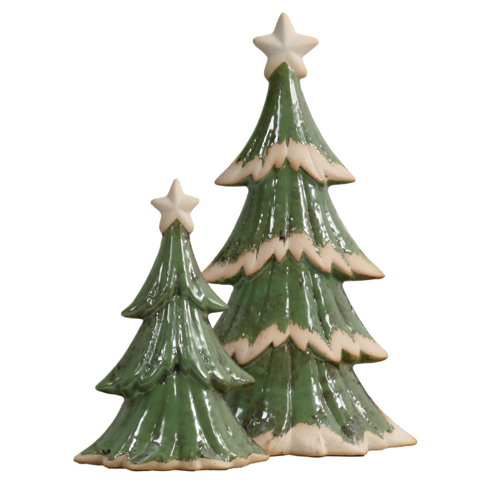 Small Forest Wishes ceramic Christmas tree beside the larger coordinating tree on a white background.