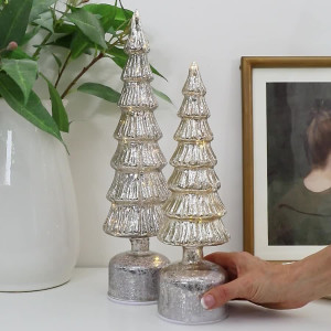 Video of Wonderland Silver Glass Christmas Trees with illuminated fluted tiers turning and lit up