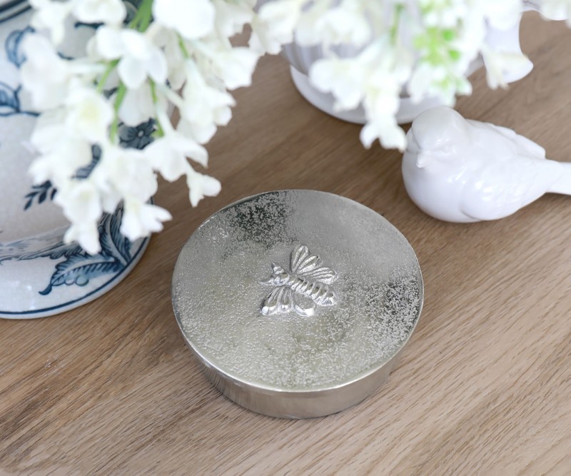 Silver Bee Round Trinket Box