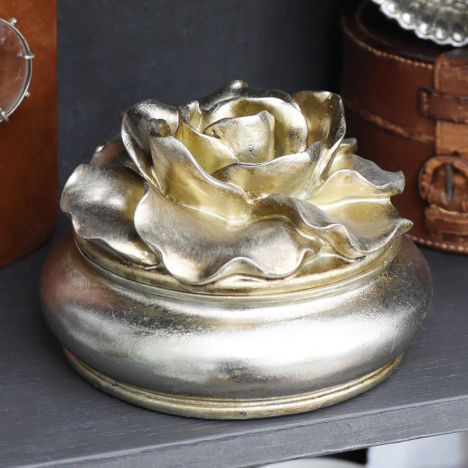 Large Camellia Antique Silver Trinket Box, decorative home accessory