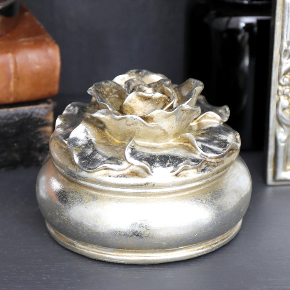 Small Camellia Antique Silver Trinket Box, decorative home accessory