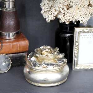 Small Camellia Antique Silver Trinket Box, shown as a standalone product for clear identification