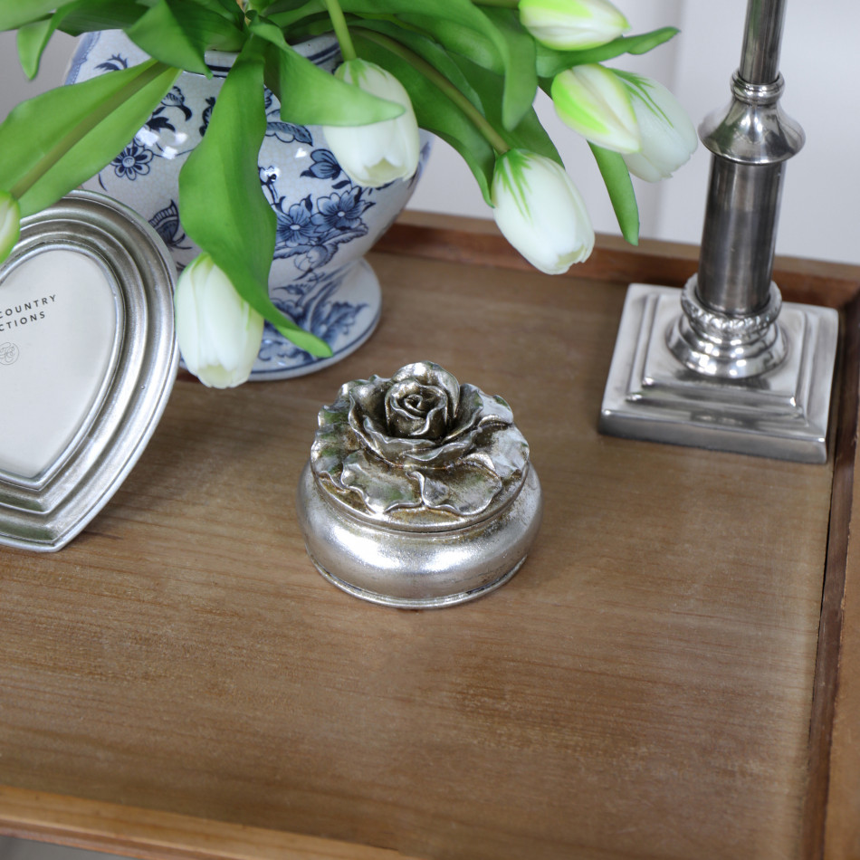 Small Camellia Antique Silver Trinket Box, highlighting the product's distinctive form and defining design