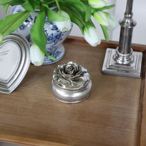 Small Camellia Antique Silver Trinket Box, highlighting the product's distinctive form and defining design