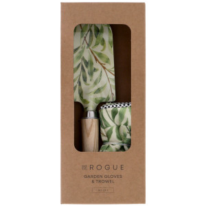 Greenhaven garden trowel and gloves presented in a brown window box