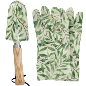 Greenhaven leaf-print garden trowel with ashwood handle beside matching cream and green gardening gloves