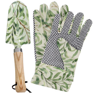 Greenhaven trowel beside leaf-print gloves, with one glove turned over to show the black PVC dots