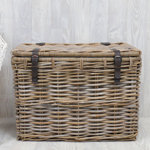 Closed Rochester antique grey rattan storage trunk with brown leather buckle straps