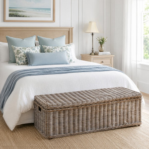 St Alban long rattan trunk styled at the foot of a Queen bed