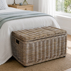 Closed Oliver rattan storage trunk positioned beside a bed on a wooden floor