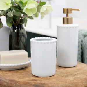 Louisa Beaded White Bathroom Cup, a practical vessel for drinks with decorative tabletop appeal