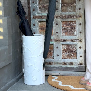 White Rosemont Embossed Ceramic Umbrella Holder, designed to add practical storage or display space to the home