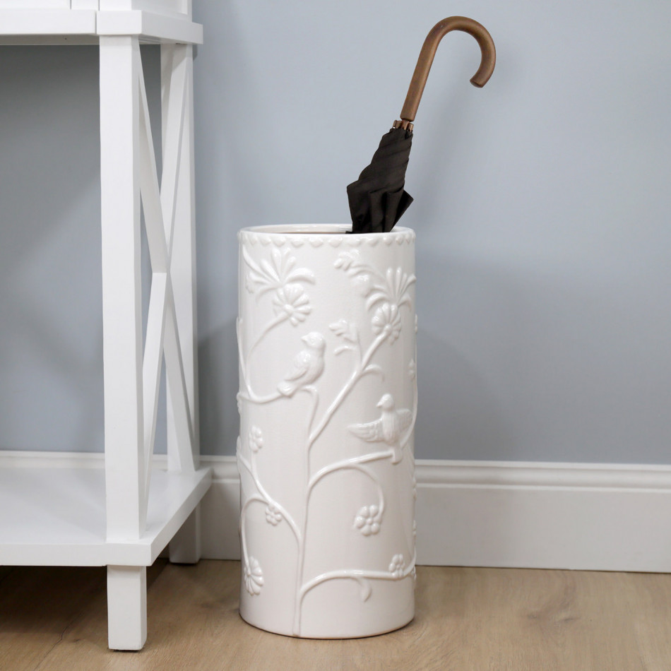 White Rosemont Embossed Ceramic Umbrella Holder, a functional household accessory for display or organisation