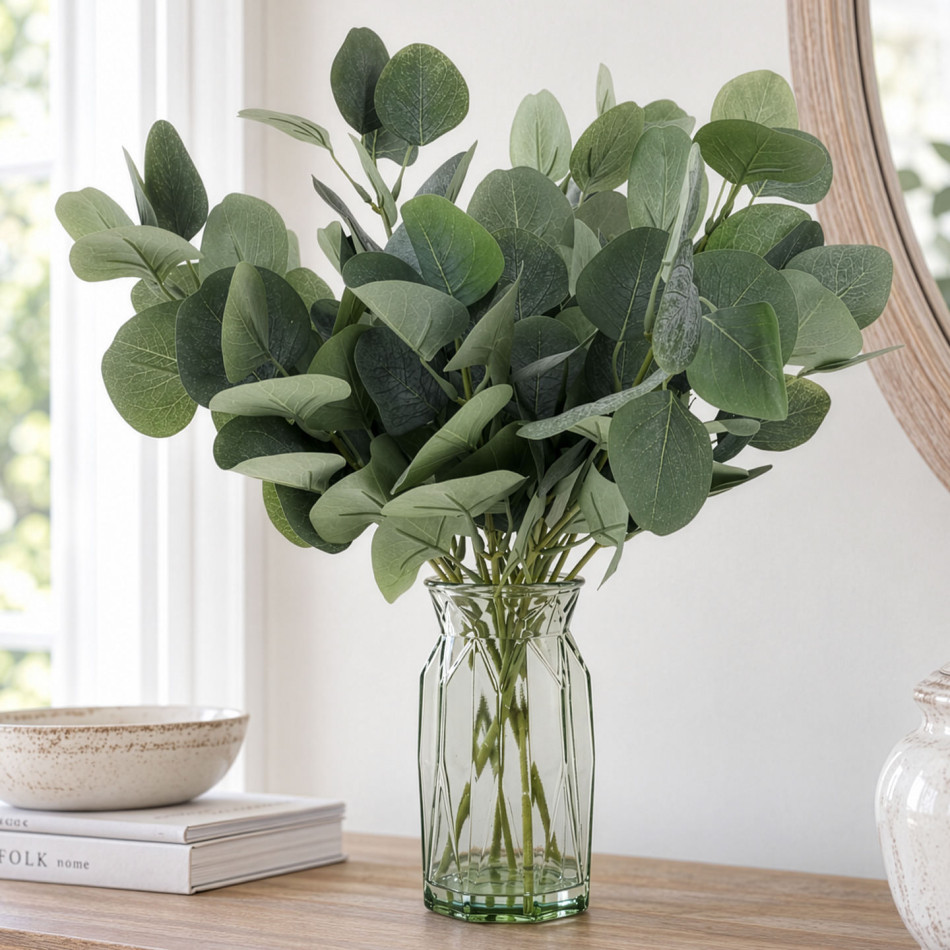 Green artificial eucalyptus arrangement in a faceted glass vase on a wooden console