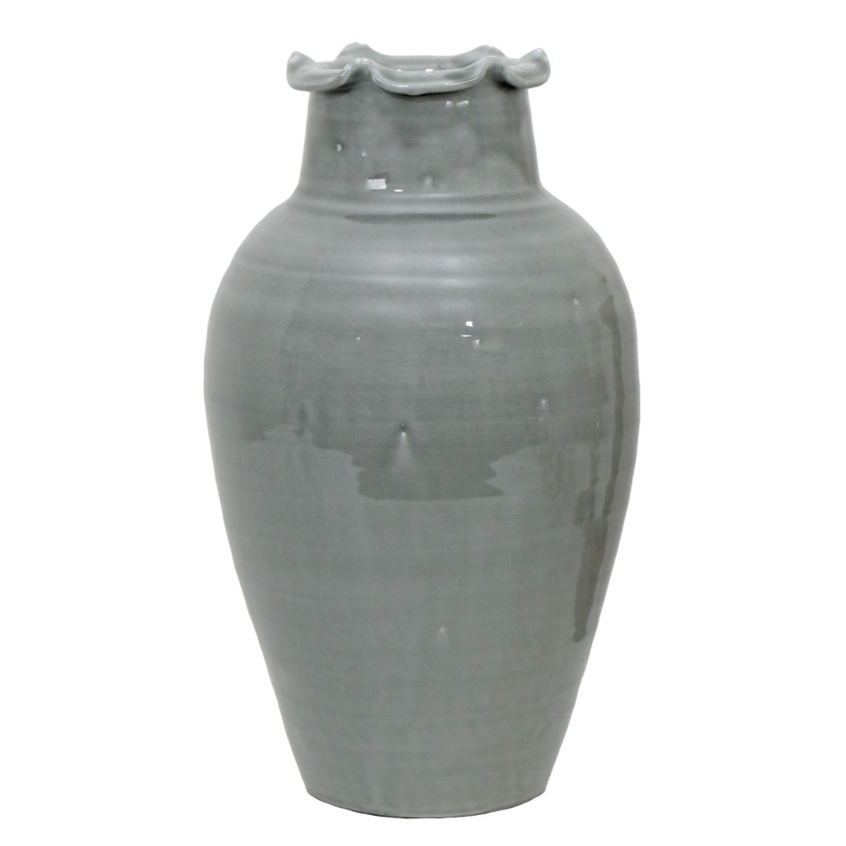 Large blue-grey terracotta vase with reactive glaze and softly ruffled rim on a white background.